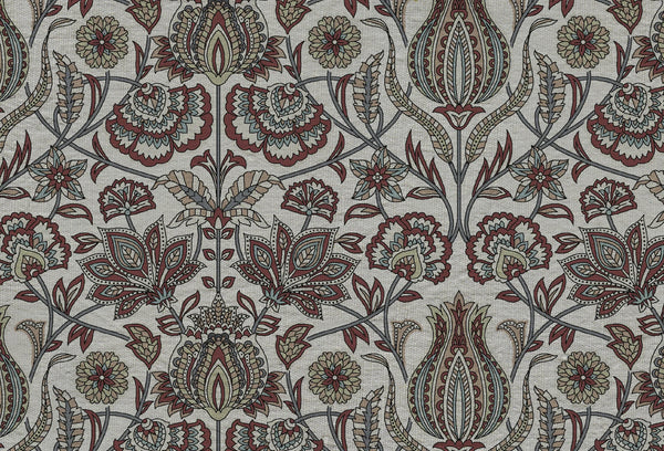 Papel tapiz con estampado botánico clásico de flores en tonos terracota y verde salvia sobre fondo lino