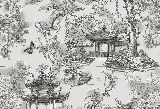 Papel tapiz estilo toile oriental con grabado de pagodas, árboles y flores en tonos grises.