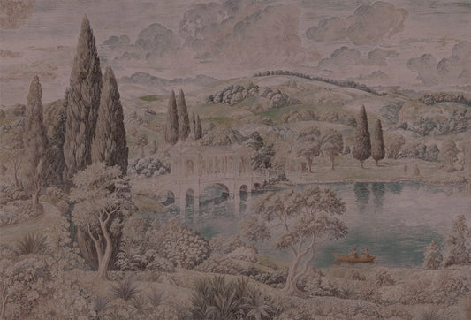 Papel tapiz mural con grabado clásico de paisaje campestre, lago y puente en tonos sepia y gris.