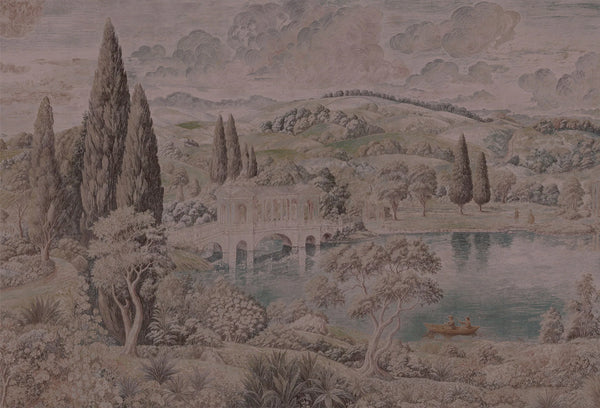 Papel tapiz mural con grabado clásico de paisaje campestre, lago y puente en tonos sepia y gris.