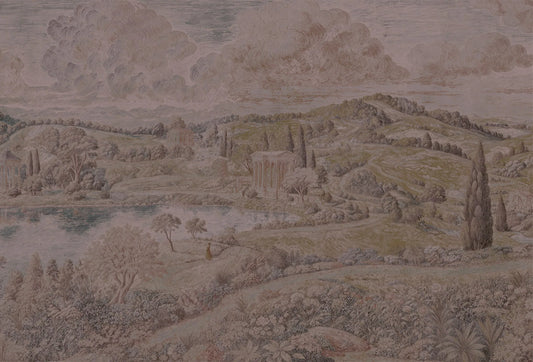 Papel tapiz mural con grabado clásico de paisaje campestre, lago, templos antiguos y nubes en tono sepia
