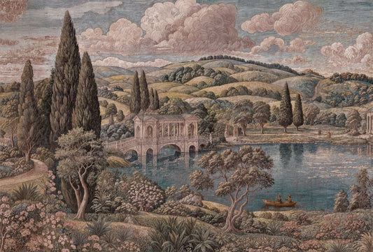 Papel tapiz mural con paisaje clásico de jardín inglés, puente antiguo, lago y colinas