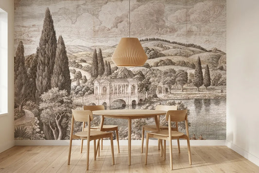 Papel tapiz Jardín Inglés V instalado en un comedor luminoso
