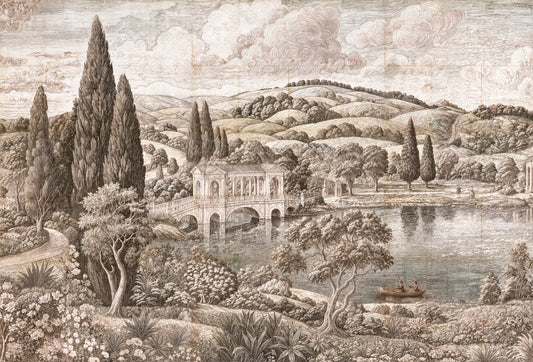 Papel tapiz mural estilo grabado clásico con paisaje de jardín inglés, puente y lago en tonos sepia.