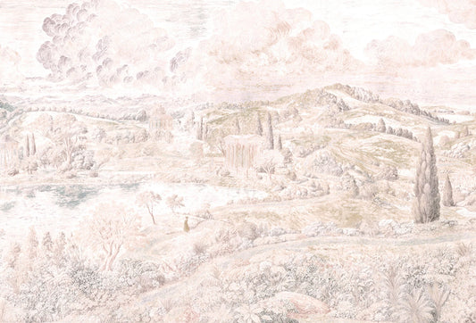 Papel tapiz mural con grabado panorámico de colinas campestres y templos en tonos rosa empolvado y beige