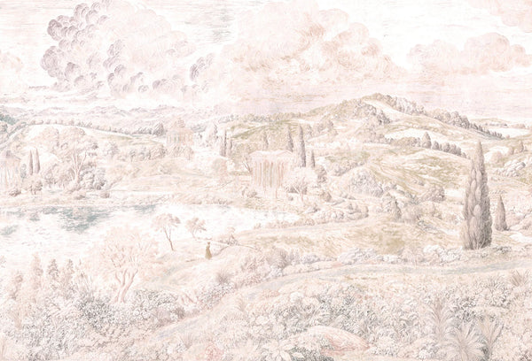 Papel tapiz mural con grabado panorámico de colinas campestres y templos en tonos rosa empolvado y beige