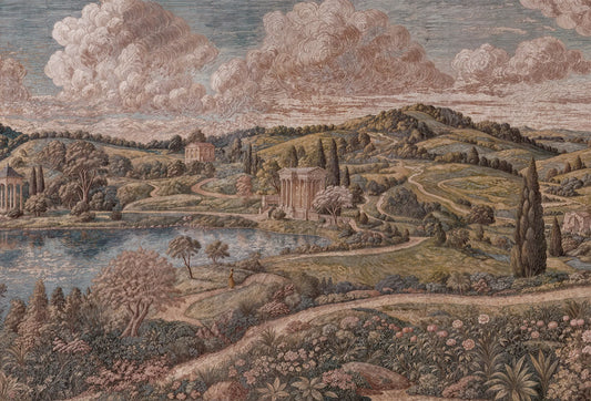 Papel tapiz con paisaje clásico bucólico de jardín inglés, lago y templos en tonos suaves