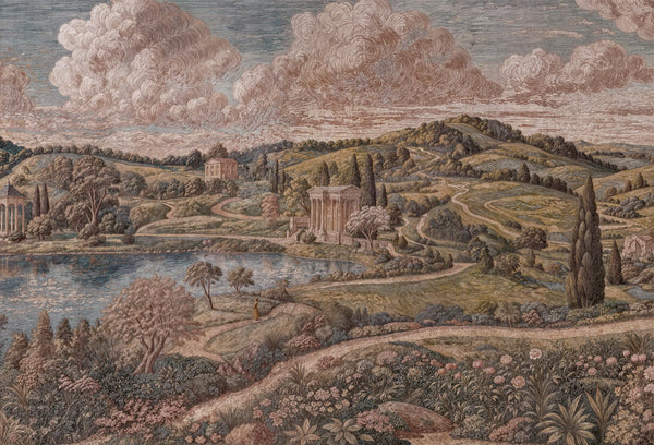 Papel tapiz con paisaje clásico bucólico de jardín inglés, lago y templos en tonos suaves