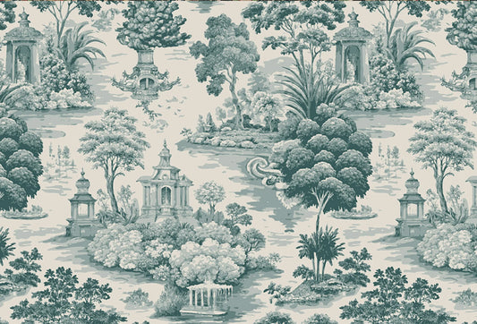 Papel tapiz con patrón Toile de Jouy de pabellones clásicos y árboles en verde salvia y fondo crema.