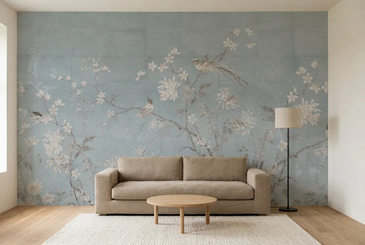 Papel tapiz Jardín Oriental instalado en una sala de estar minimalista