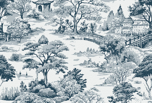 Papel tapiz estilo Toile de Jouy con paisaje oriental de pagodas y puentes en tono azul pizarra
