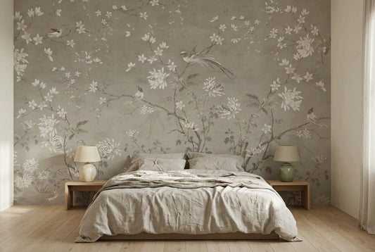 Papel tapiz Jardín Oriental III instalado en un dormitorio sereno