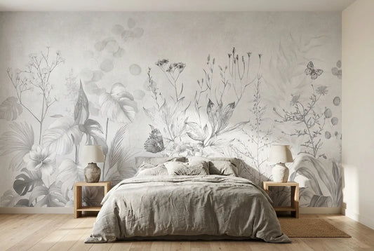 Papel tapiz Jardín Secreto Nature instalado en un dormitorio sereno