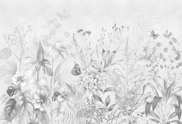 Papel tapiz mural botánico en escala de grises con flores, hojas tropicales y mariposas ilustradas sobre fondo claro.