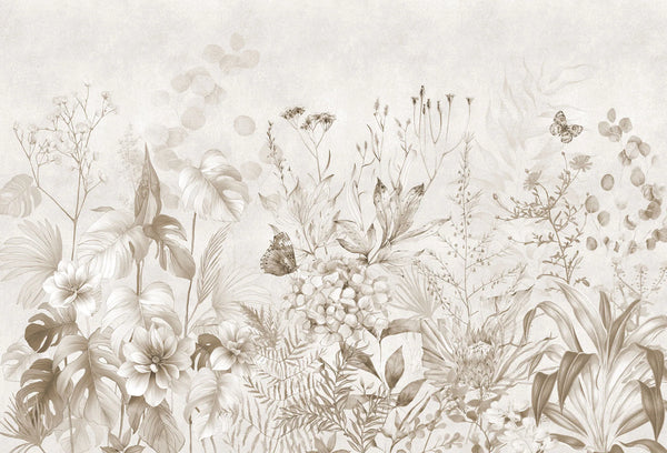 Papel tapiz botánico mural con flores silvestres, hojas tropicales y mariposas en tonos sepia y beige cálido.