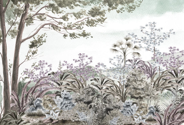Papel tapiz mural con paisaje botánico en acuarela, follaje verde salvia, palmeras y flores lilas sobre fondo claro