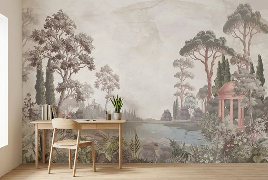 Papel tapiz Jardines Clásicos instalado en un espacio de trabajo en casa