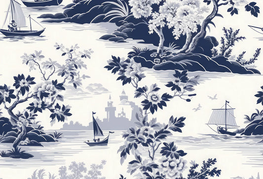 Papel tapiz estilo Toile de Jouy con veleros y paisajes costeros en azul marino y marfil.