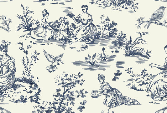Papel tapiz estilo toile de jouy con grabados clásicos de escenas pastorales en azul marino y crema