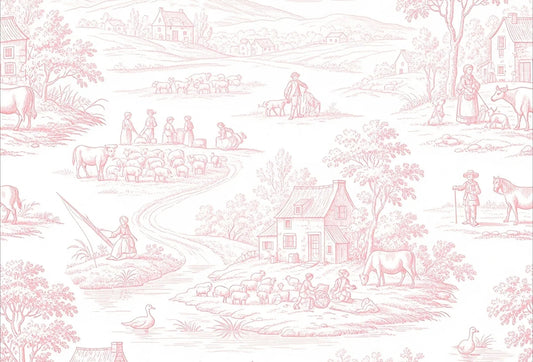 Papel tapiz estilo Toile de Jouy con escenas pastorales y campestres en tono rosa sobre blanco
