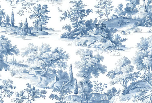 Papel tapiz con grabado Toile de Jouy en tonos azul y blanco con paisajes campestres clásicos