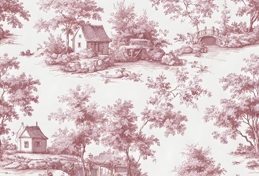 Papel tapiz estilo Toile de Jouy con paisajes campestres y casas rurales en tono rosa empolvado sobre fondo crema.