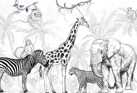 Papel tapiz con animales de la jungla como elefante, jirafa y cebra en dibujo lineal blanco y negro.