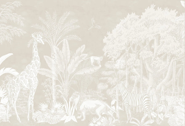 Papel tapiz mural safari con jirafa, león y cebra dibujados en tonos neutros sepia y crema para cuarto infantil.