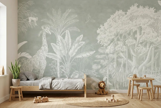 Papel tapiz Jungla Serena instalado en una habitación infantil