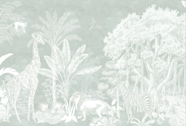 Papel tapiz infantil con grabado de animales de la jungla y palmeras en tono verde salvia