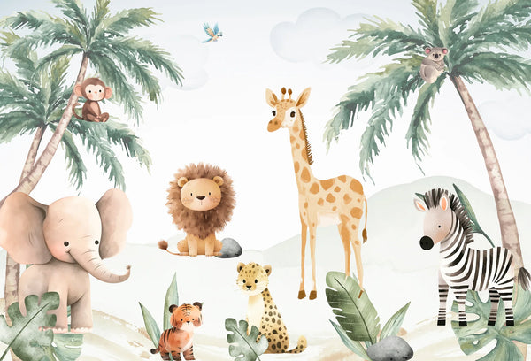 Papel tapiz mural infantil con animales de safari en acuarela y palmeras tropicales