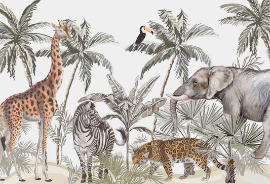 Papel tapiz mural safari Kenia con elefante, jirafa, cebra y palmeras en tonos suaves para cuarto infantil