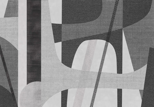 Papel tapiz abstracto con formas geométricas y texturas de tejido en tonos grises y negro