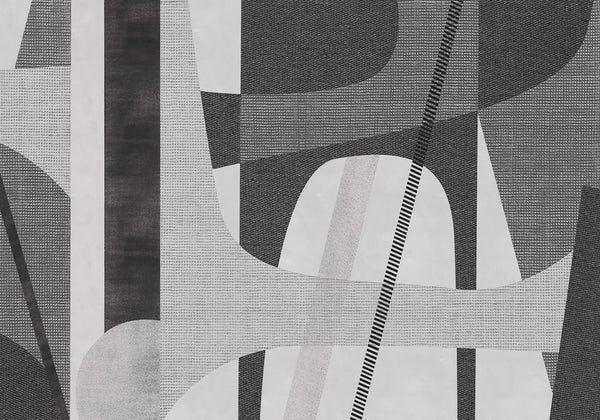 Papel tapiz abstracto con formas geométricas y texturas de tejido en tonos grises y negro