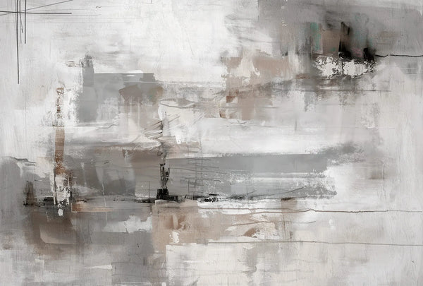 Papel tapiz mural abstracto con pinceladas al óleo en tonos gris, topo, beige y blanco tiza.