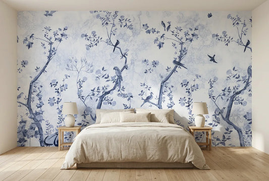 Papel tapiz Kioto Cyan instalado en un dormitorio sereno