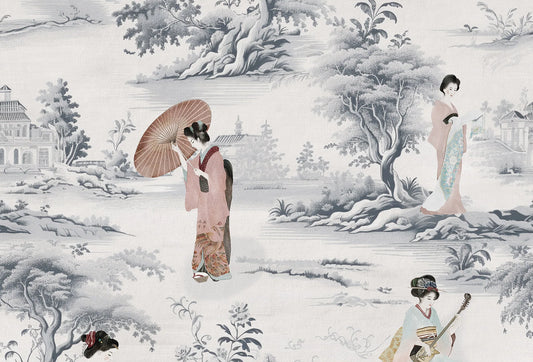 Papel tapiz estilo Toile de Jouy con geishas y paisajes orientales en tonos grises y rosas