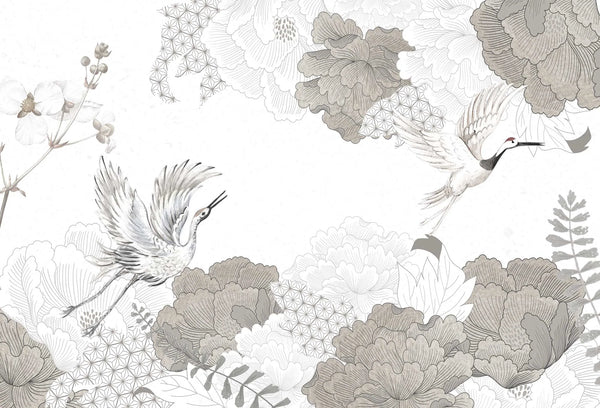 Papel tapiz mural estilo japonés con grullas en vuelo y flores en tonos gris topo y blanco