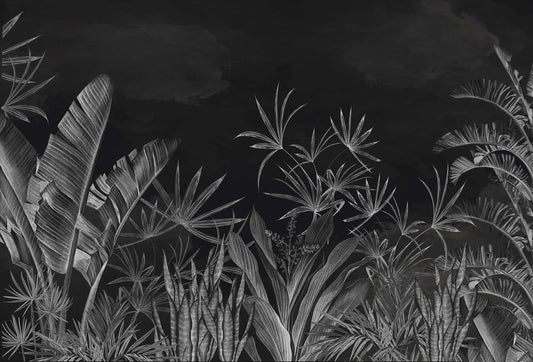 Papel tapiz mural botánico monocromático con hojas tropicales y palmeras en tonos negro y gris carbón.