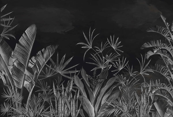 Papel tapiz mural botánico monocromático con hojas tropicales y palmeras en tonos negro y gris carbón.