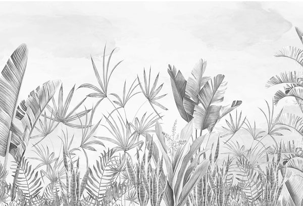 Papel tapiz mural botánico en blanco y gris con ilustración grabada de hojas tropicales, palmeras y fondo claro.
