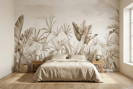 Papel tapiz Kribi Sepia instalado en un dormitorio sereno