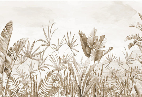 Papel tapiz mural botánico Kribi en tonos sepia y beige con hojas tropicales ilustradas