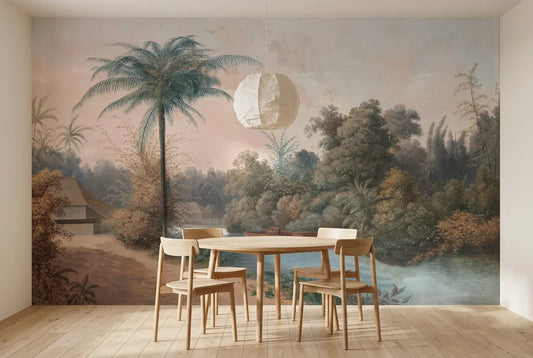 Papel tapiz La Aldea instalado en un comedor luminoso