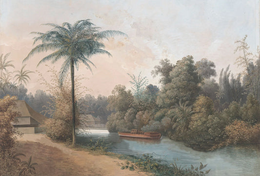 Papel tapiz mural con paisaje ribereño clásico, palmera alta, vegetación verde y barca en el río