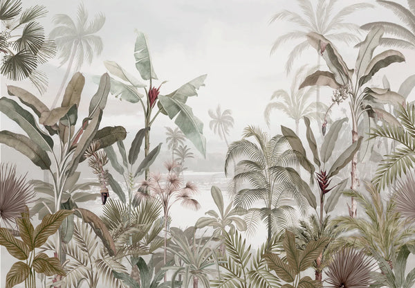 Papel tapiz mural con paisaje tropical de palmeras y platanales en tonos verde oliva y beige vintage.