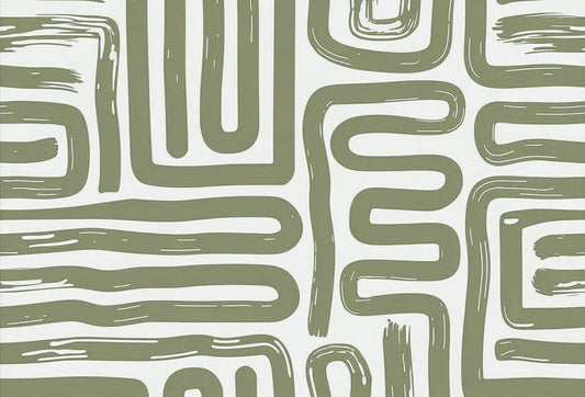 Papel tapiz con patrón de líneas continuas estilo pincelada en verde oliva sobre fondo claro.
