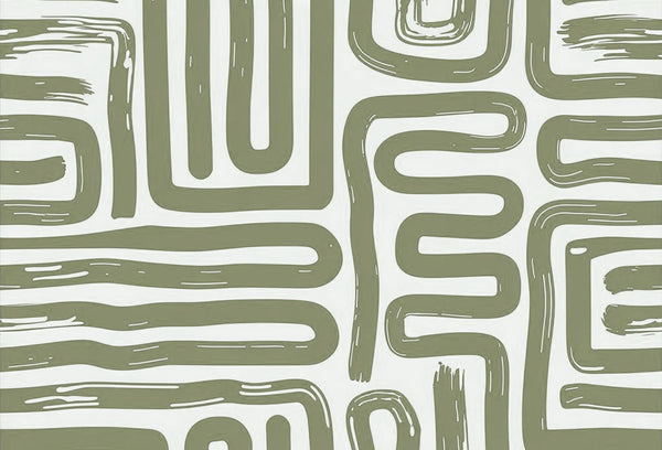 Papel tapiz con patrón de líneas continuas estilo pincelada en verde oliva sobre fondo claro.