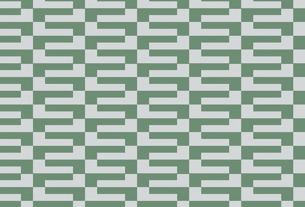 Papel tapiz geométrico retro con patrón entrelazado modular en tonos verde salvia y gris claro para pared