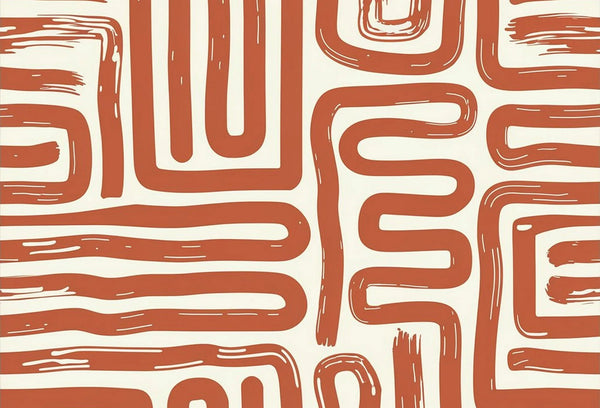 Papel tapiz con trazos abstractos estilo laberinto en color terracota sobre fondo crema para pared.